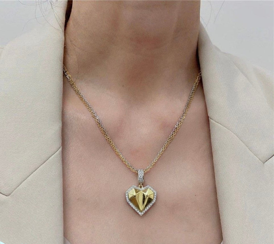 Geometric Heart Pendant Necklace – Stainless Steel Gold & Silver Tone Crystal Heart Necklace