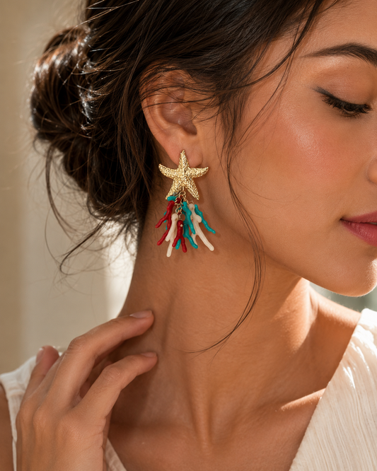 Ocean Starfish & Coral Statement Earrings – Gold Coastal Dangle Earrings