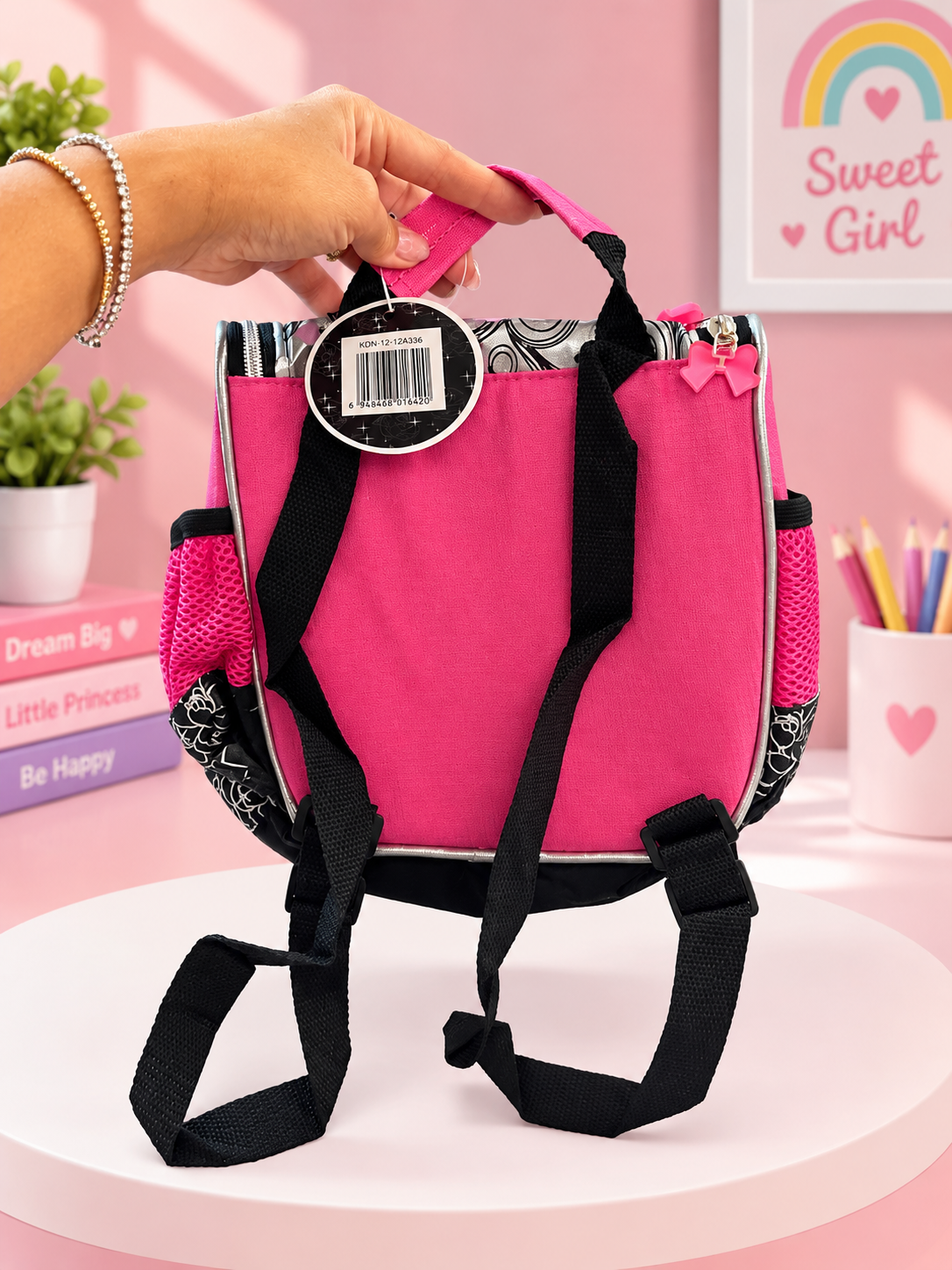 Girls’ Princess Backpack – Pink & Black Floral Design