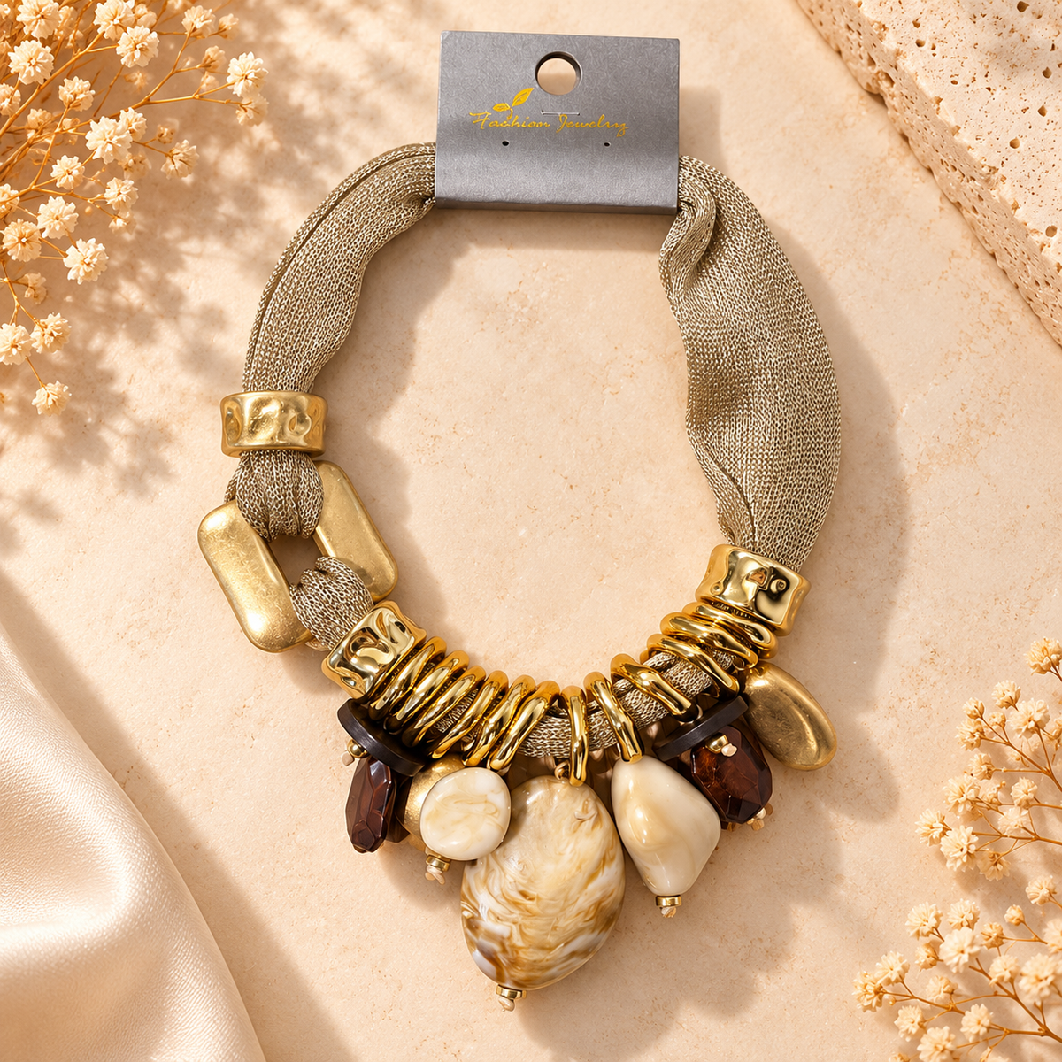 Elegant Statement Necklace – Gold & Beige Beaded Pendant Necklace