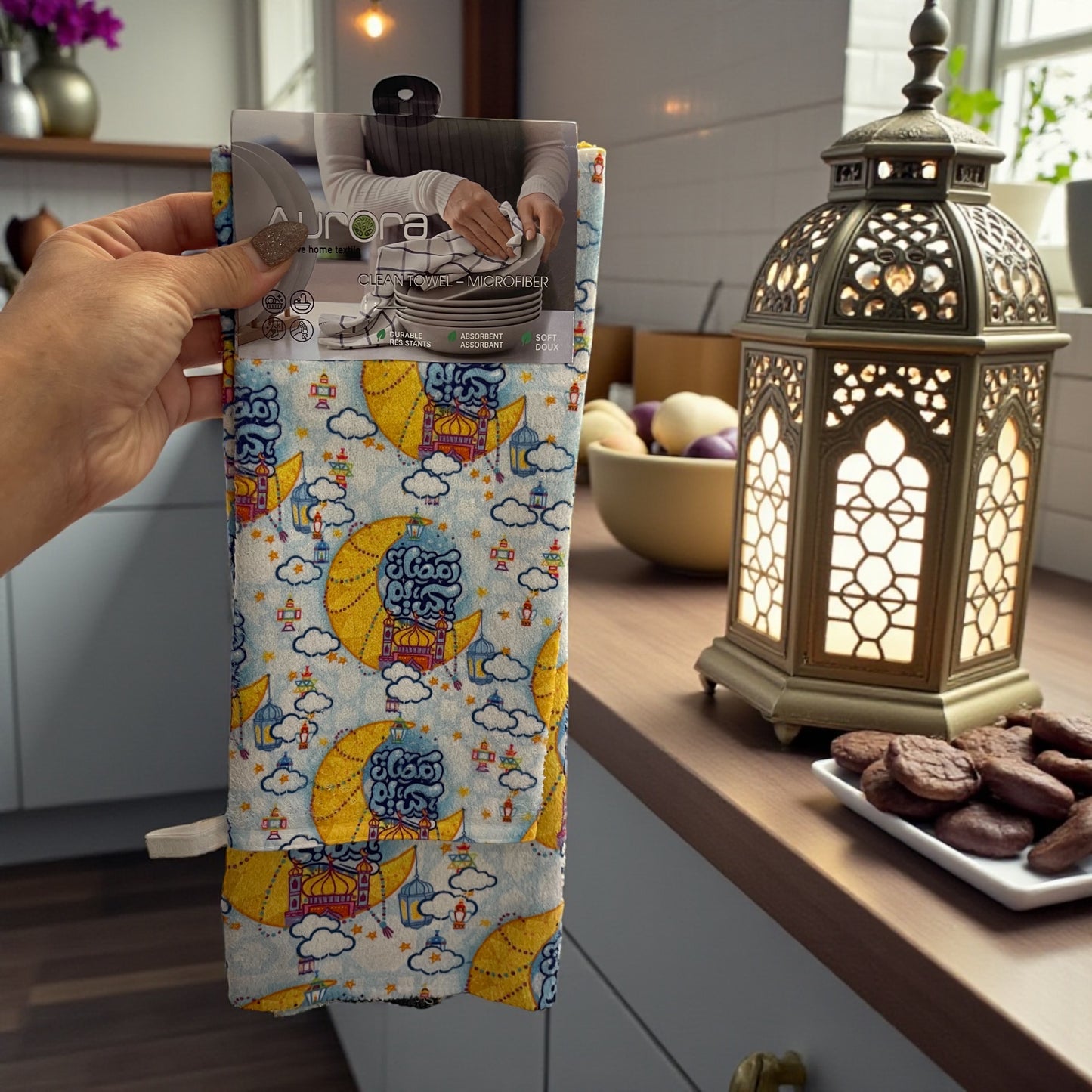 2Pcs Ramadan Kareem Microfiber Kitchen Towels – Festive Absorbent Dish Towels with Islamic Lantern & Crescent Prints