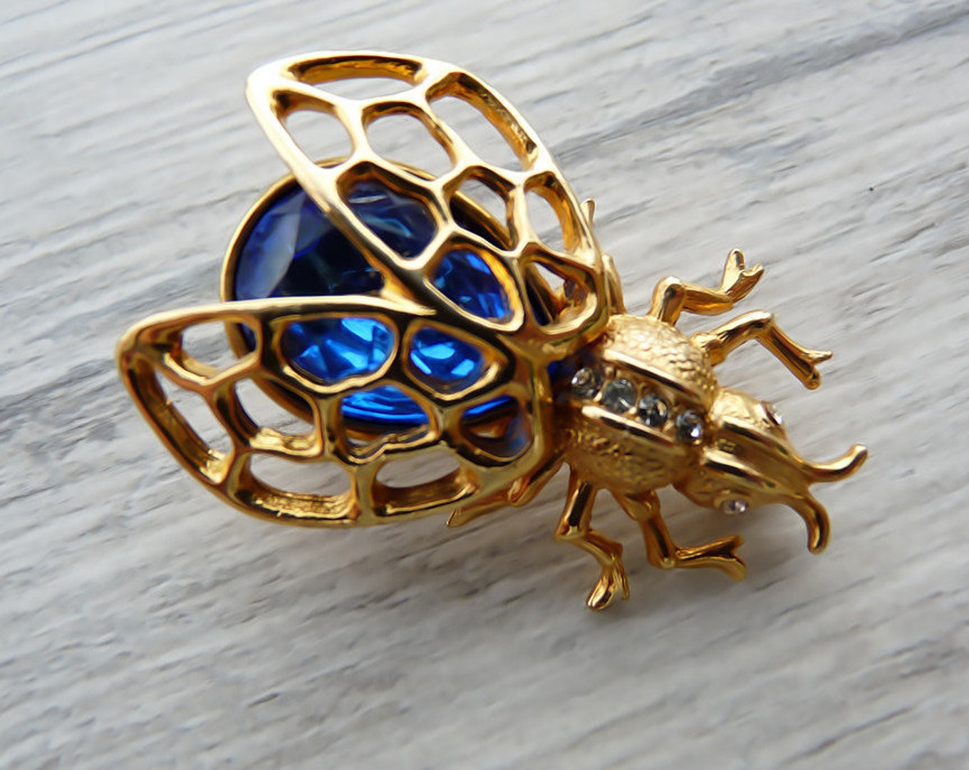 Vintage Art Deco Fly Brooch Gold Insect Pin Blue Crystal Costume Jewelry