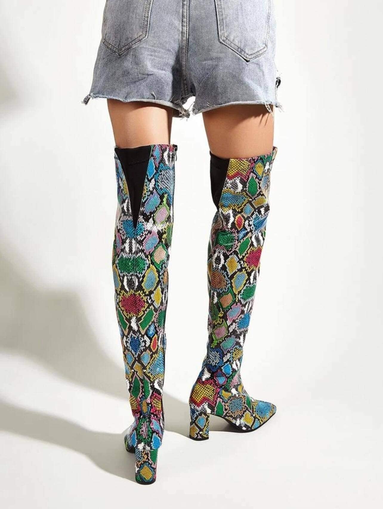 SHEIN Snakeskin Side Zipper Chunky Heeled Boots