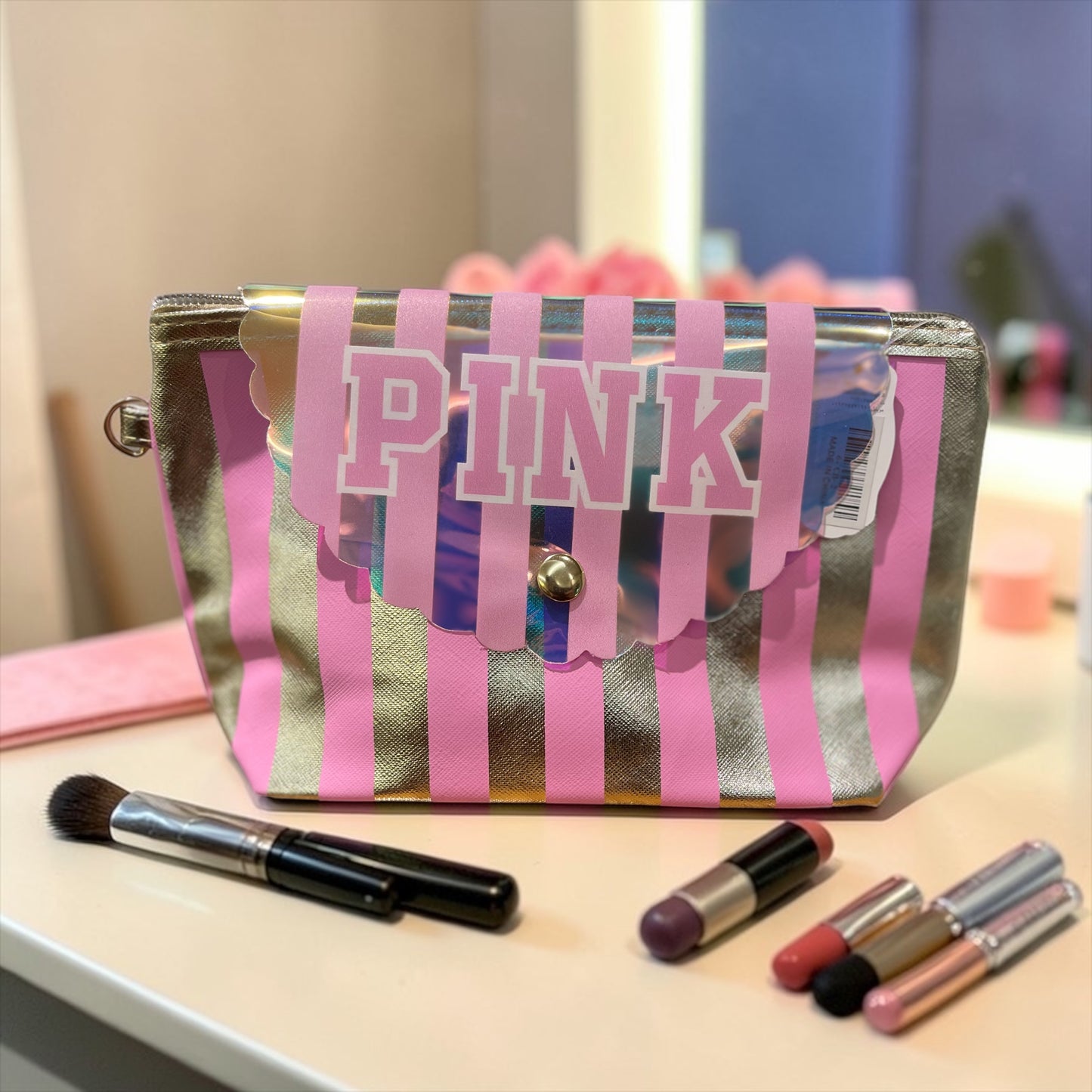 Victoria’s Secret Pink Striped Makeup Pouch – Cosmetic Bag with Zipper & Snap Flap, Travel Beauty Organizer