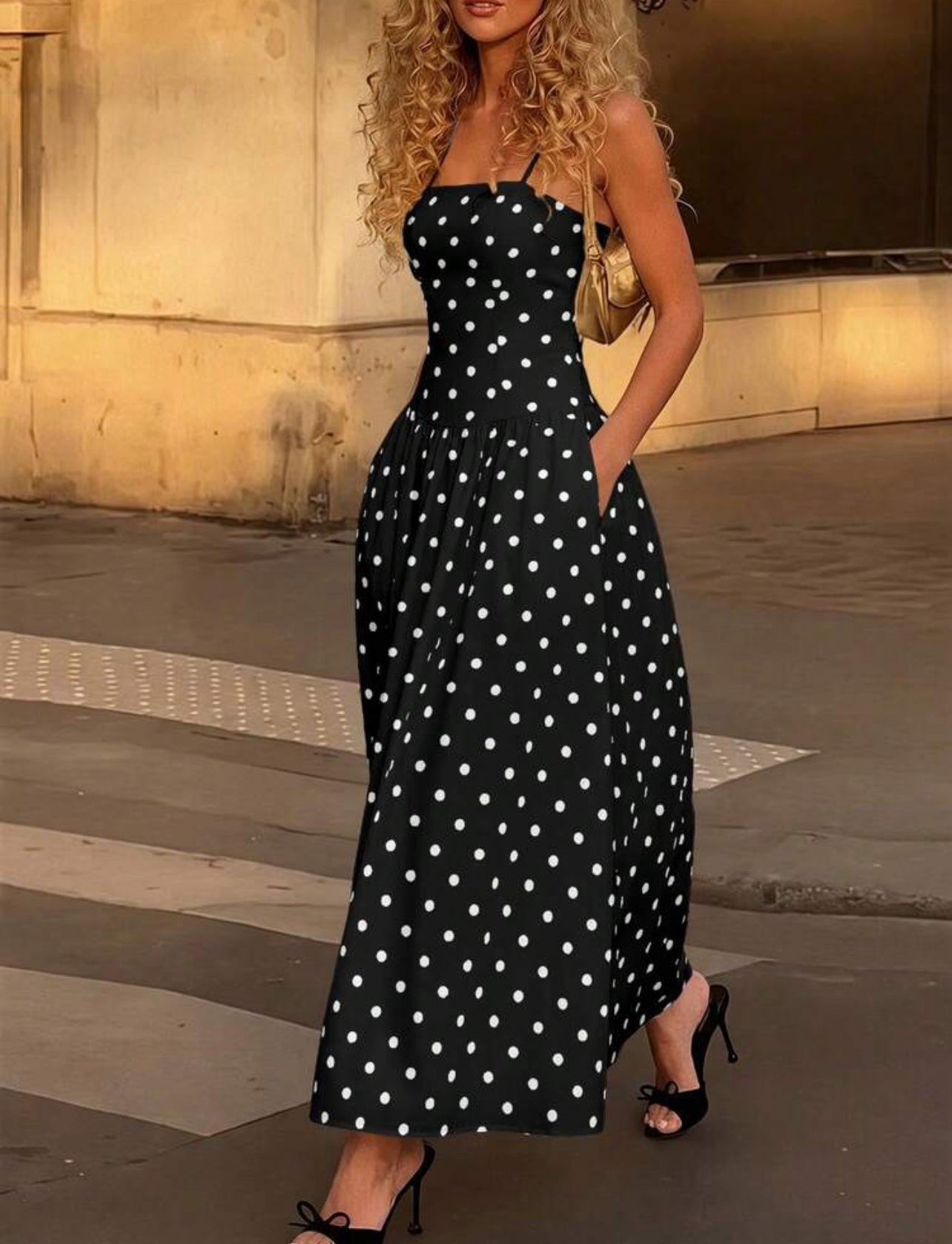 Spring/Summer New Fashionable Elegant Casual Street Vacation Music Festival Polka Dot Strap Dress - Large