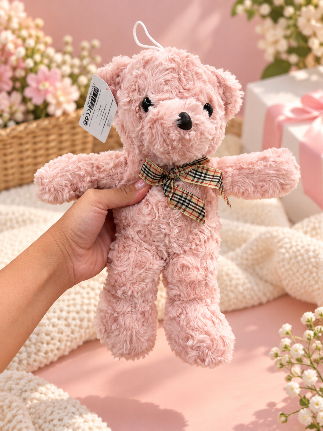 Soft Plush Teddy Bear with Checkered Bow – Cute Gift for Kids & Loved Ones