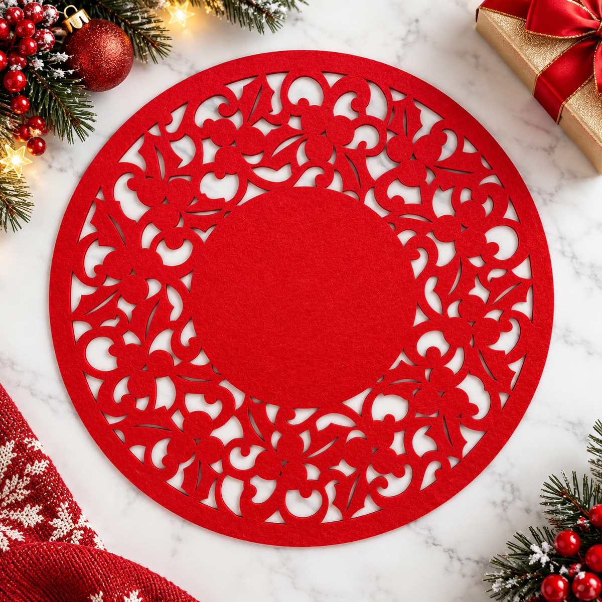 Red Christmas Felt Placemat – Elegant Floral Cutout Table Decor, 36 cm