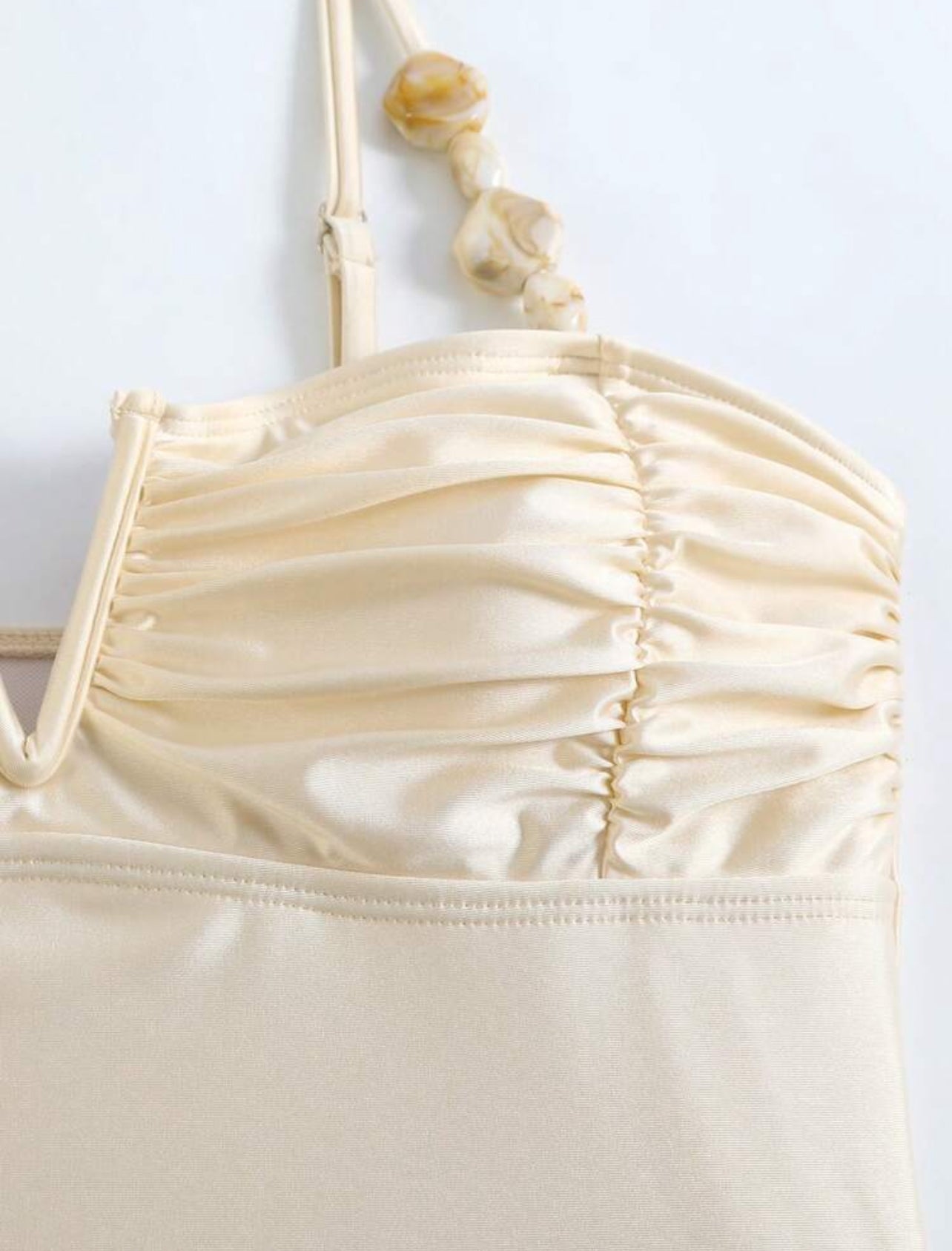 Swim Oasis 2026 New Women's Summer Beach Vacation High-End Beaded V-Neck Pleated Strapless Backless Solid Color Apricot Round High-Cut One-Piece Swimsuit With Long Skirt Side Tie - Large