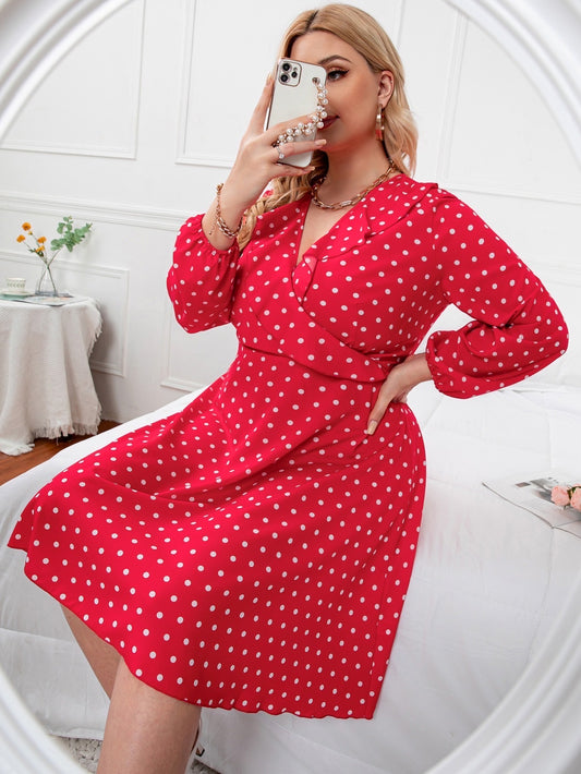 SHEIN Curve Trending Red Polka Dot Wrap Dress – Long Sleeve Midi Dress - 0XL