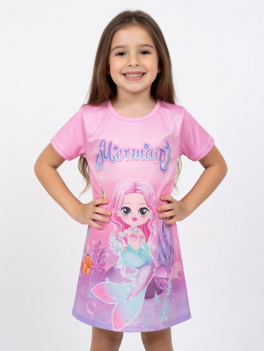 Girls Cartoon Nightdress – Mermaid, Unicorn & Cute Prints | Soft Summer Sleep Dress - Last piece Size 8