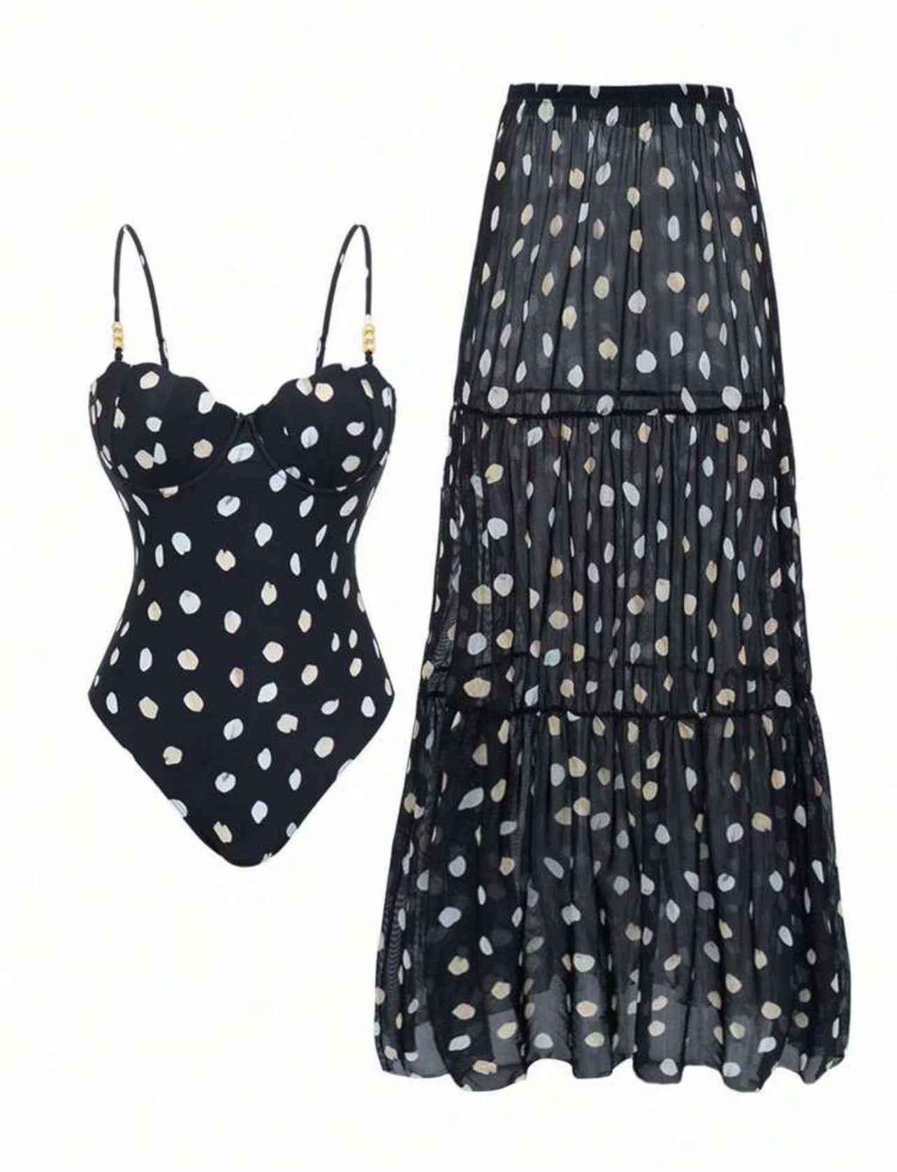 Swim Oasis New Sexy Tight Black & White Polka Dot Print Spaghetti Strap Push-Up Underwire One-Piece, Vacation Beach Crop Top & Skirt 2 Pieces Set For Summer - L,XL