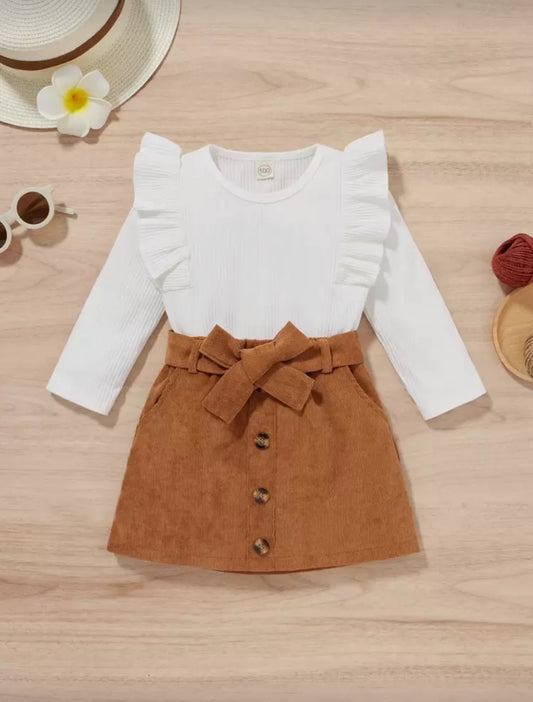SHEIN Young Girl Ribbed Knit Ruffle Trim Top & Belted Skirt - 3Y