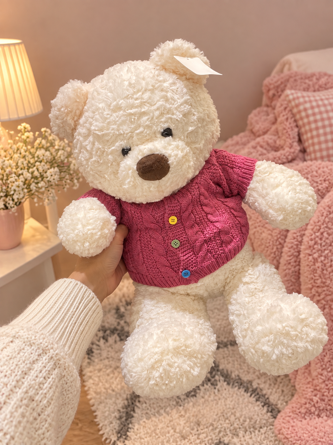 Soft Plush Teddy Bear with Knitted Pink Sweater
