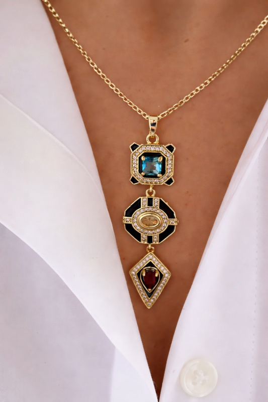 Vintage Multi-Stone Geometric Pendant Necklace – Stainless Steel Gold Tone Chain