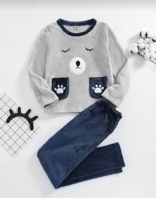 SHEIN Boys Cartoon Embroidery Flannel Top & Pants PJ Set - 5Y