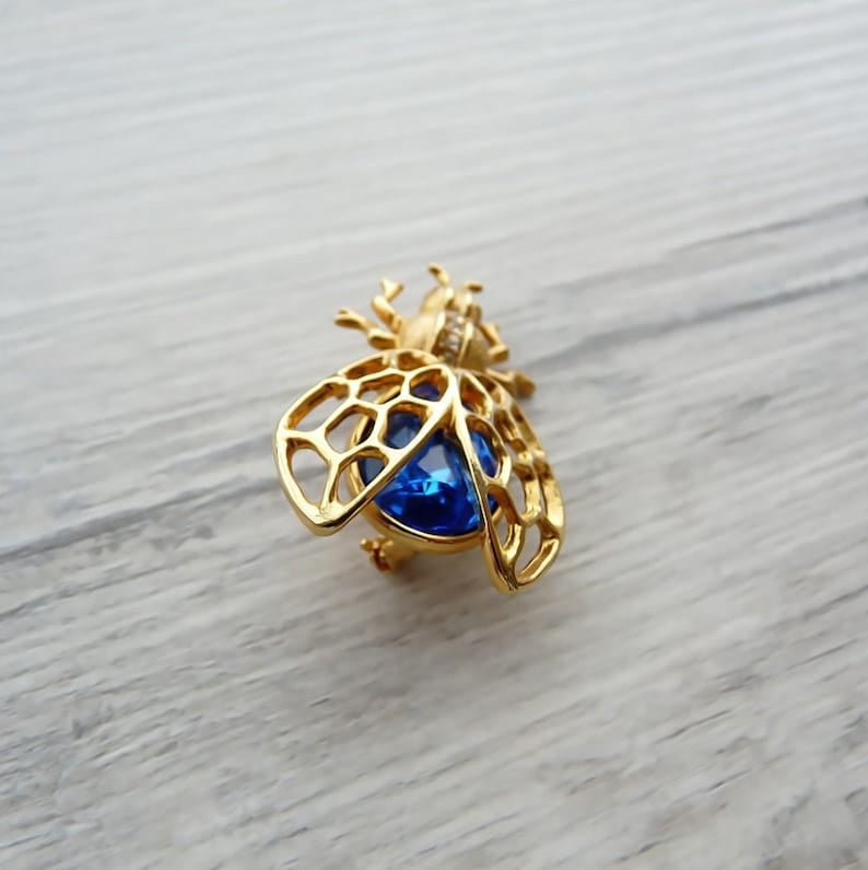 Vintage Art Deco Fly Brooch Gold Insect Pin Blue Crystal Costume Jewelry