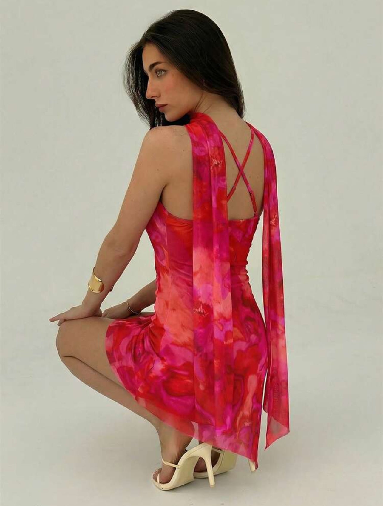 Aloruh New Romantic Tie Neck Bodycon High Slit Asymmetrical Hem Tie Dye Floral Mini Dress, Suitable For Dates, Vacation, Spring/Summer ,Summer Dress - S,M