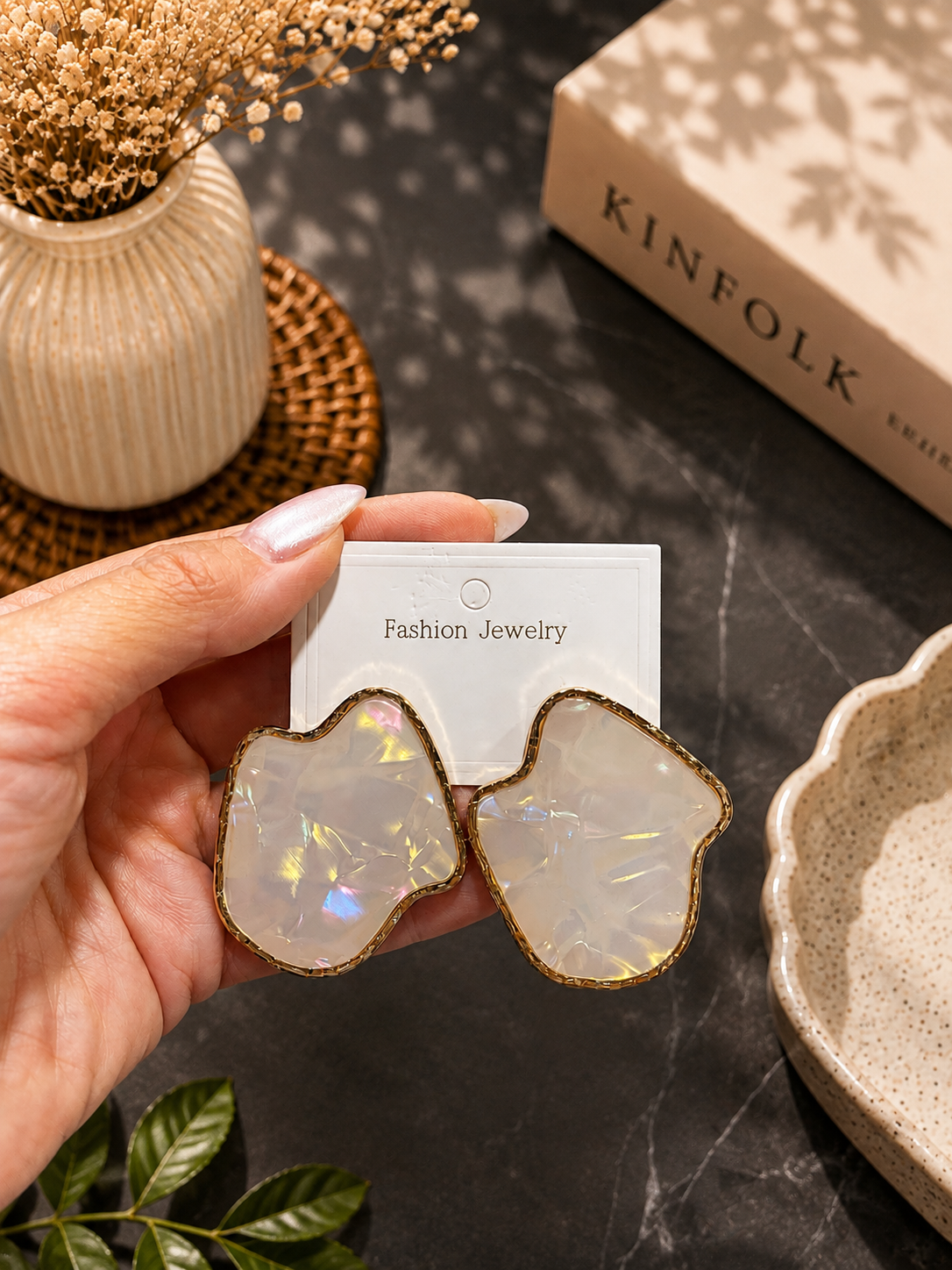 Iridescent Pearl Statement Earrings – Gold Trim Geometric Stud Earrings