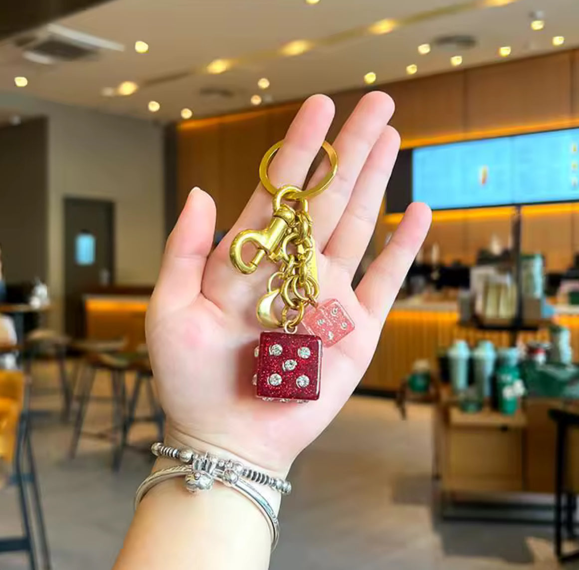 Fashionable Double-Sided Dice Pendants Diamond Embedded Bag Charms Trendy Personality Accessories Creative Gift Keychain