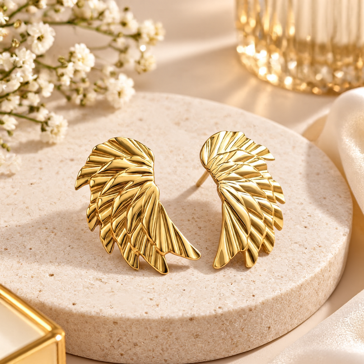 Gold Stainless Steel Feather Wing Statement Earrings