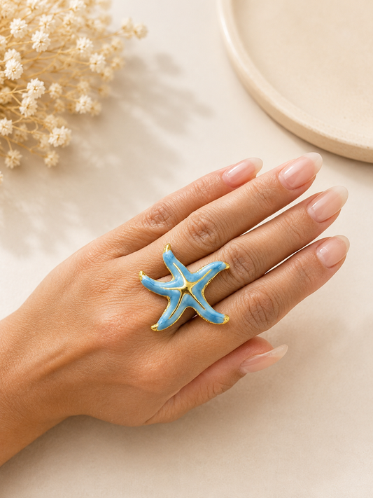 Ocean Starfish Adjustable Ring – Blue & Gold