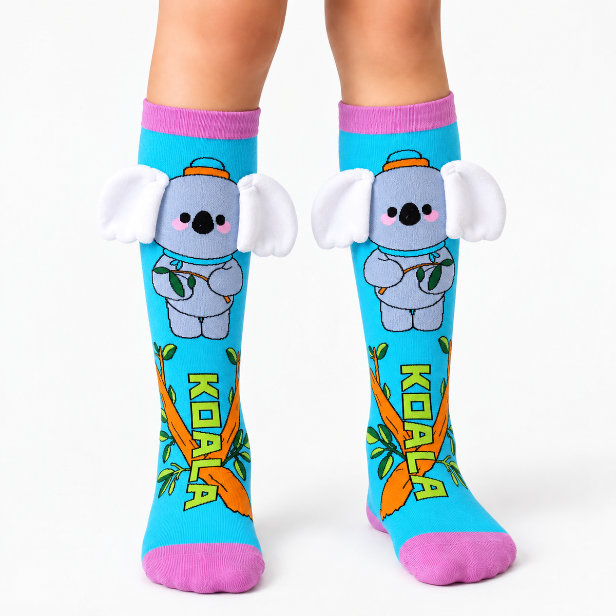 Kids’ 3D Koala Knee-High Socks – Turquoise & Pink