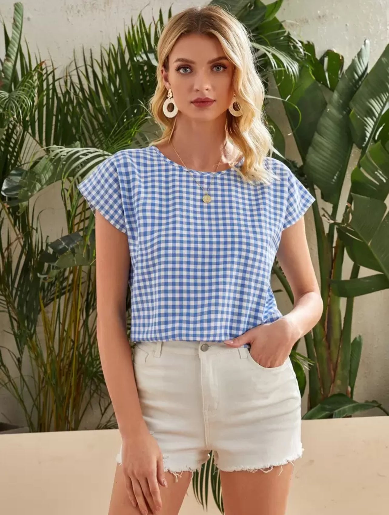 SHEIN LUNE Gingham Batwing Sleeve Top - XL