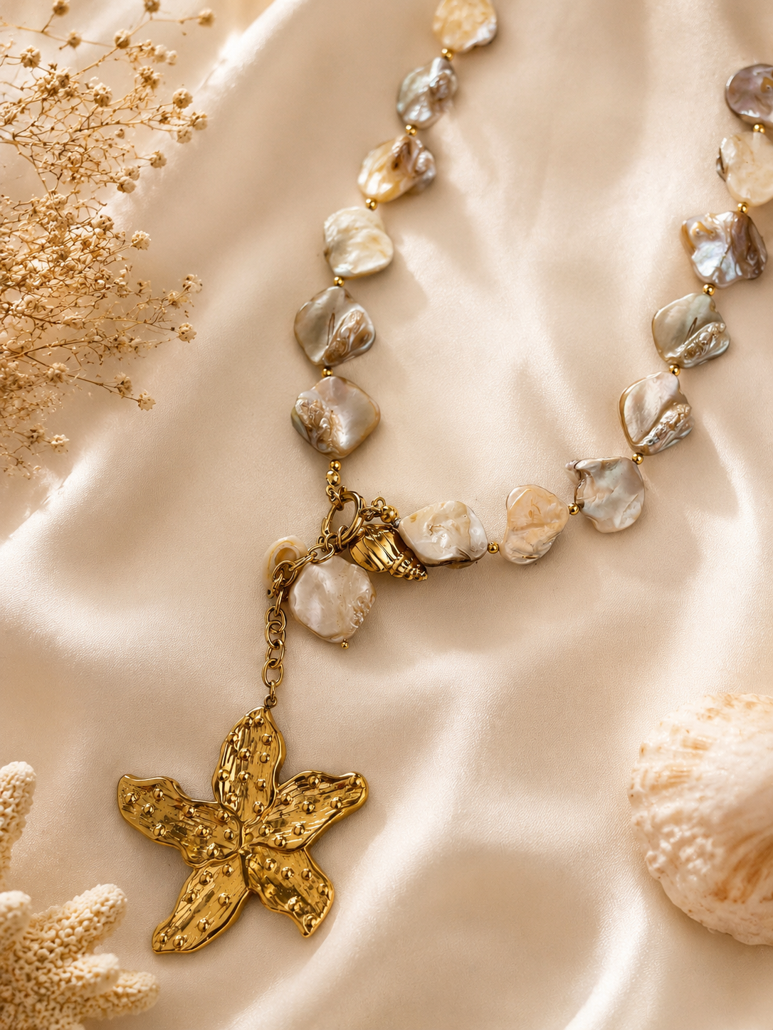 Coastal Pearl & Starfish Statement Necklace – Gold Stainless Steel