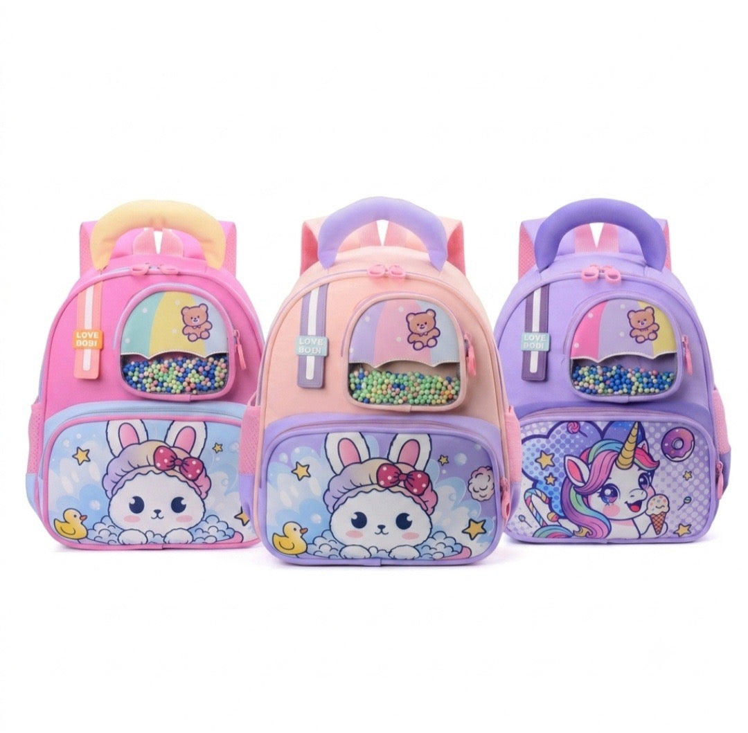 Cute Kids’ Backpack with Beaded Front Pocket – Pink Bunny School Bag