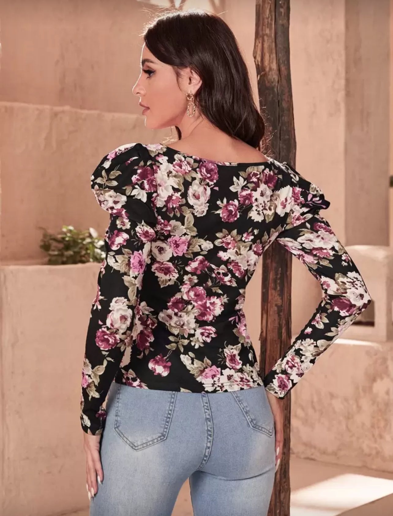 SHEIN Clasi Floral Print Gigot Sleeve Tee - XL