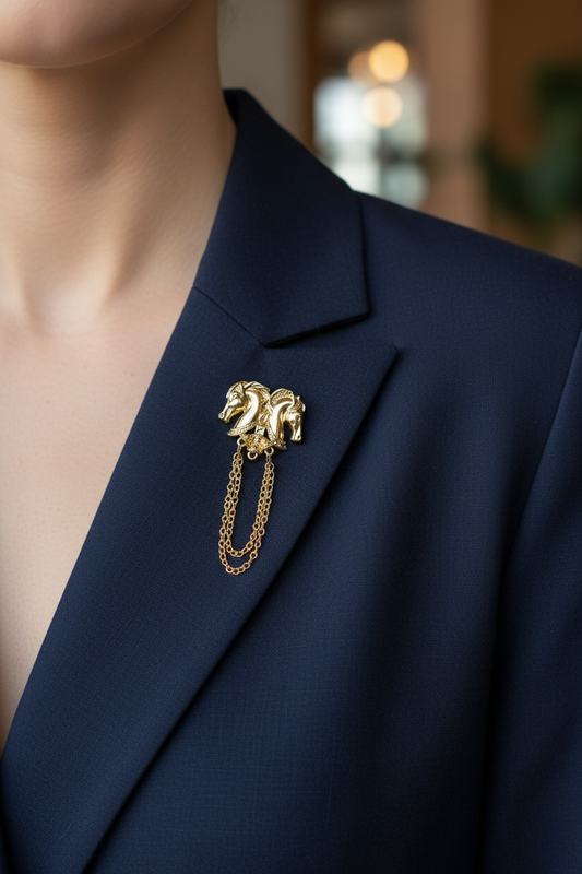Royal Double Horse Brooch with Chains