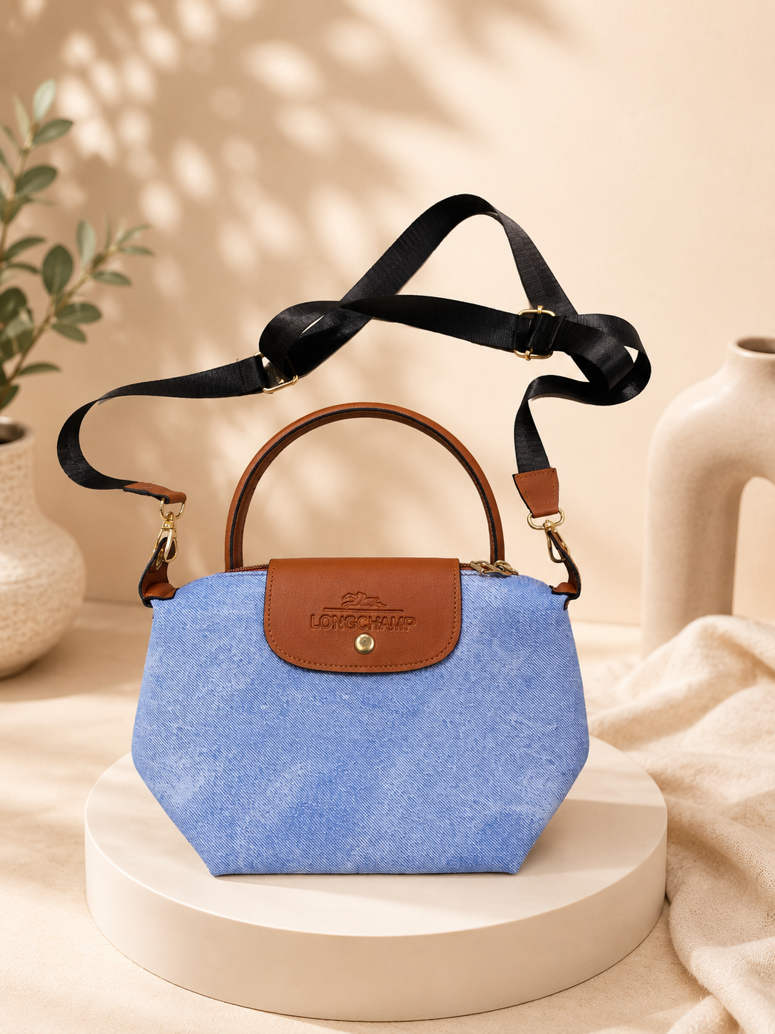 Longchamp Style Denim Crossbody & Handbag – Blue