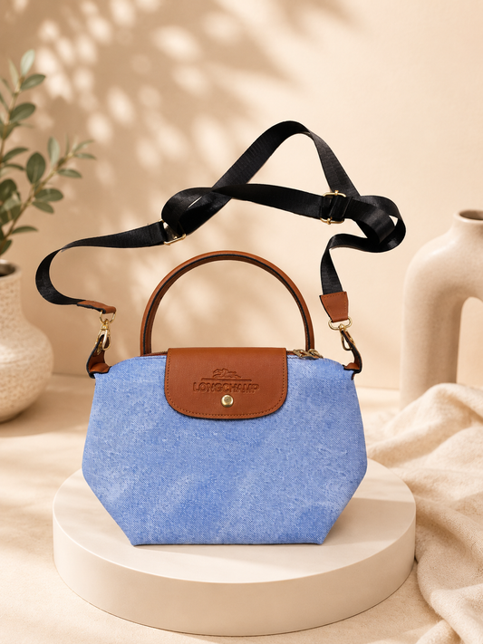 Longchamp Style Denim Crossbody & Handbag – Blue