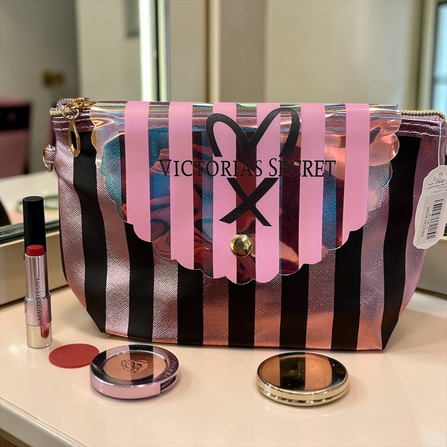 Victoria’s Secret Pink Striped Makeup Pouch – Cosmetic Bag with Zipper & Snap Flap, Travel Beauty Organizer