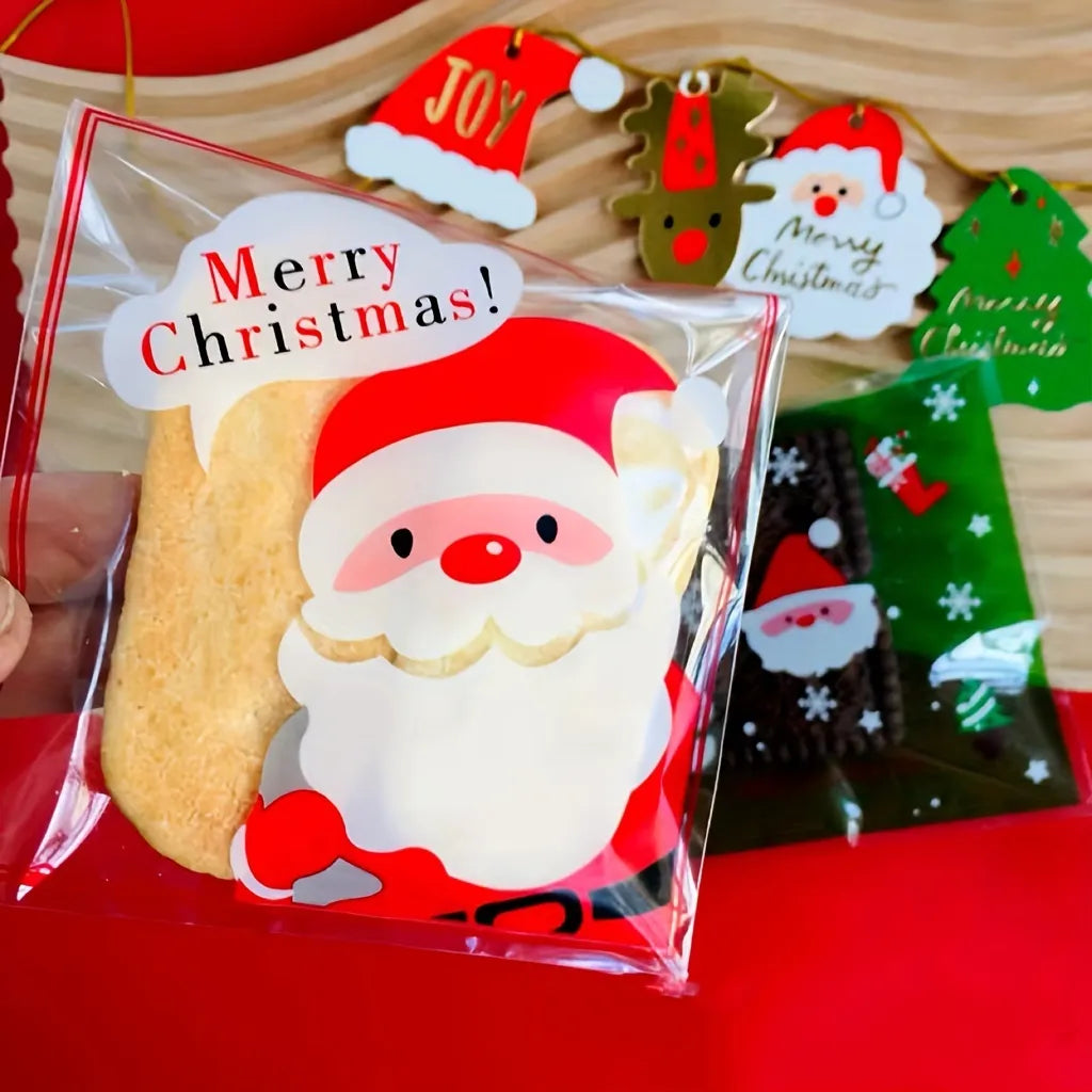 100Pcs Christmas Santa Claus self adhesive clear cookies bag