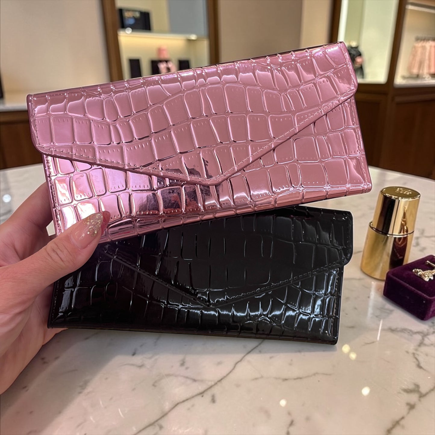 Metallic Croc-Embossed Long Wallet