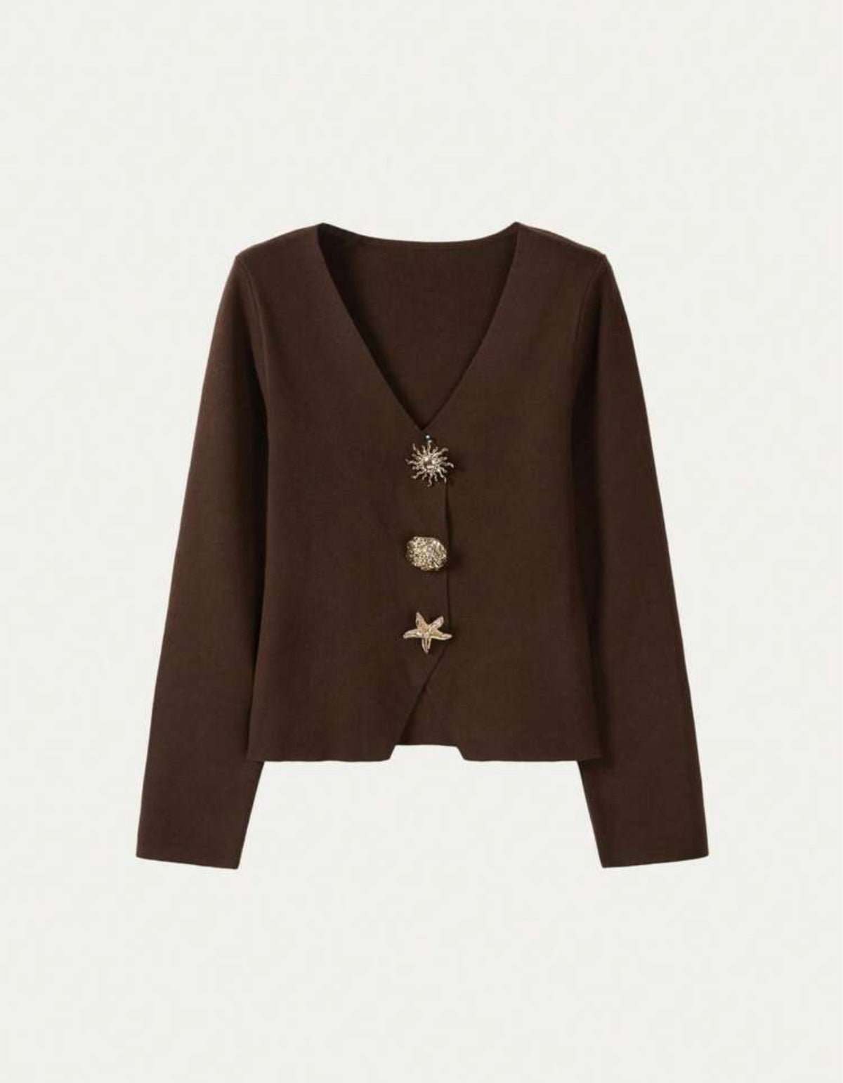 FOR BEAUTY Autumn/Winter Y2K Women's Brown New V-Neck Asymmetric Button Knit Cardigan Long Sleeve Casual Fashion Loose Fit Commuter Top - Medium