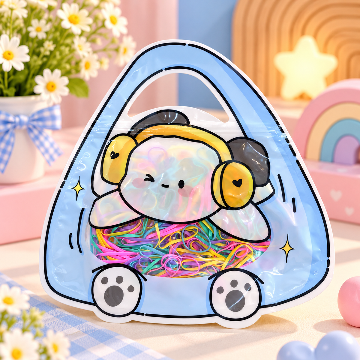 Cute Kawaii Hair Accessories Pouch with Disposable Elastic Hair Ties – Cat & Headphone Designs