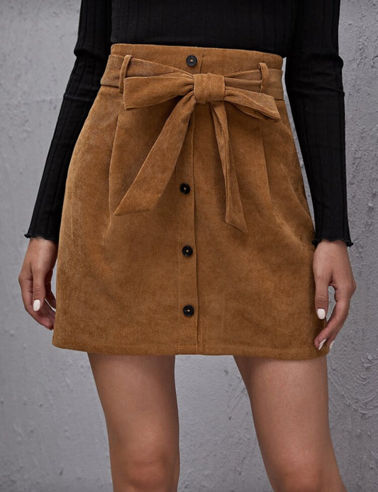SHEIN Button Front Belted Cord Skirt - Large