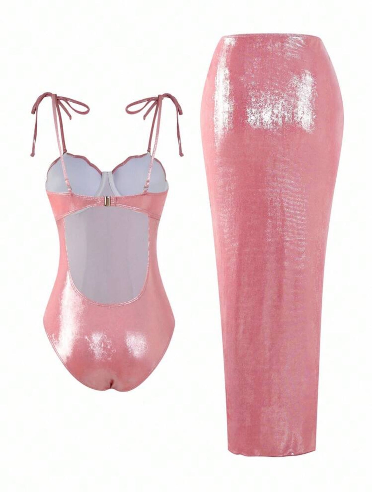 Swim Oasis 2pcs/Set Summer New Shiny Material Shell Decoration Push-Up Women's One-Piece Swimsuit,Pink,70s Retro,Beach Vacation,Holiday,Party,Holiday Bow