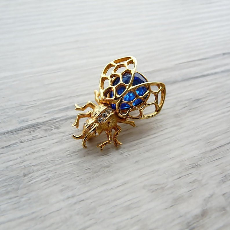 Vintage Art Deco Fly Brooch Gold Insect Pin Blue Crystal Costume Jewelry