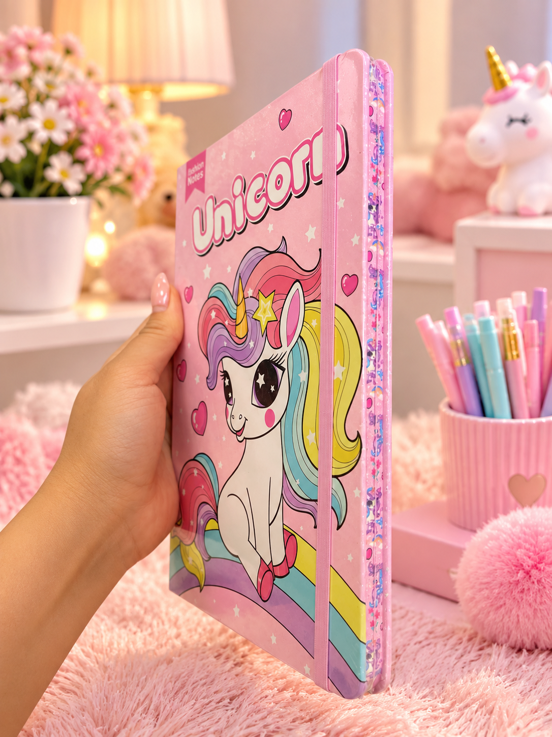 Pink Unicorn Glitter Notebook – Cute Rainbow Unicorn Journal with Elastic Closure