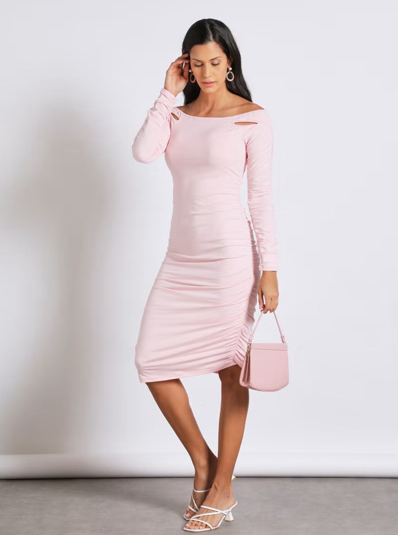 Aila Party Wrap Long Sleeve Cold Shoulder Knee Length Dress 137 Pink - M