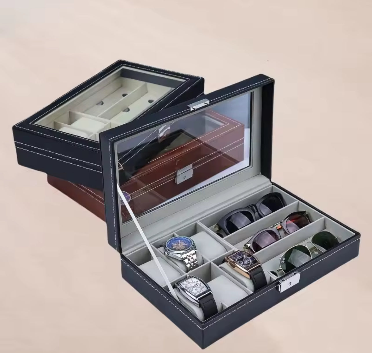 Leather Watch Box with Glass Top Deluxe Watch Case Organizer