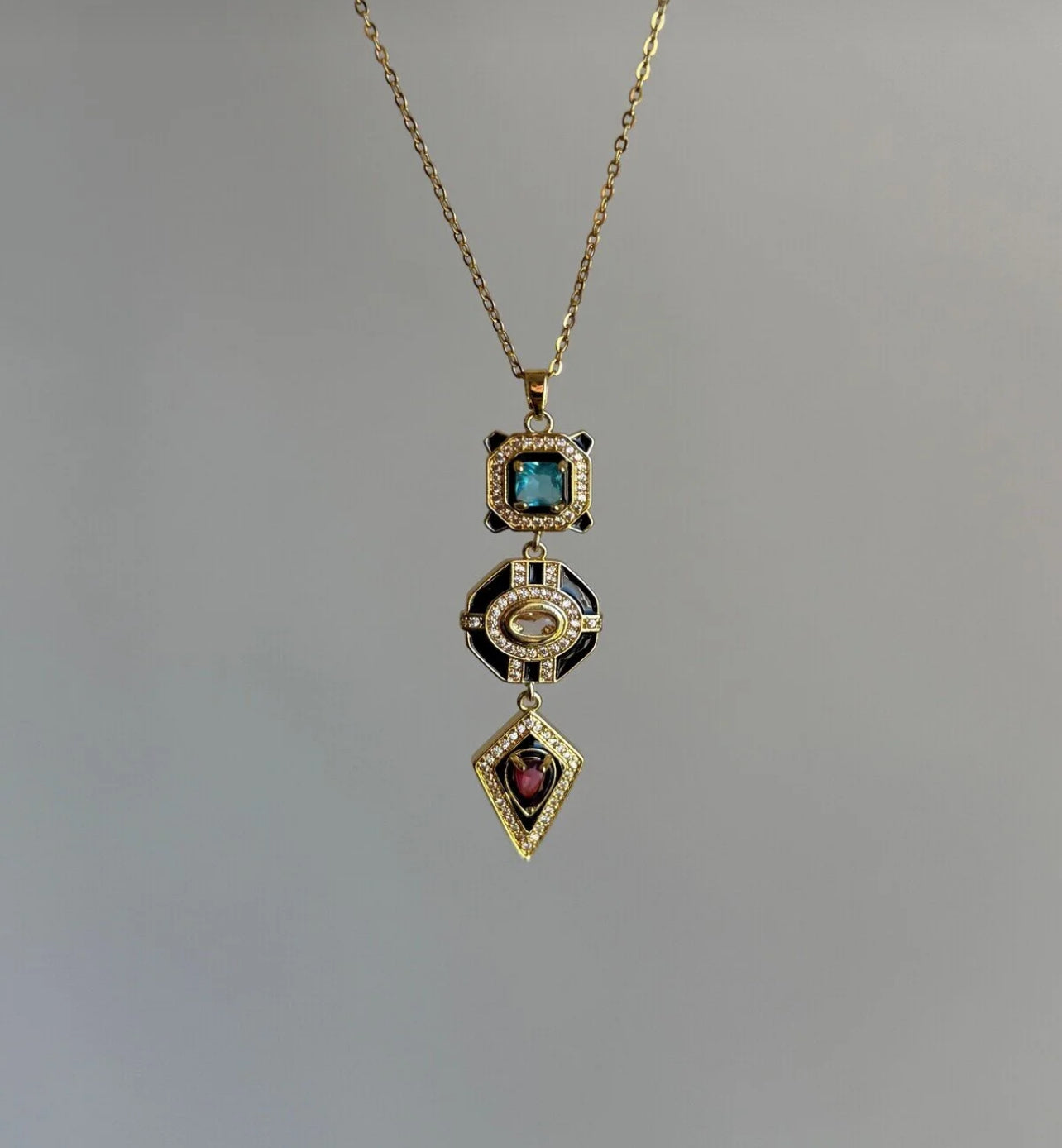 Vintage Multi-Stone Geometric Pendant Necklace – Stainless Steel Gold Tone Chain