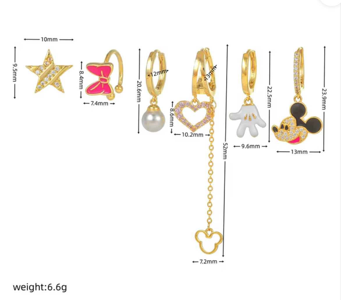 SP Cute Girl Fashion Pink Enamel Mouse Earrings Sets 18K Gold Plated Zircon Heart Long Tassel Earring Set