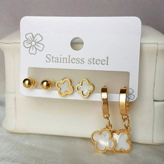 Gold Clover Earrings Set – Stainless Steel Stud & Hoop Earrings (3 Pairs)