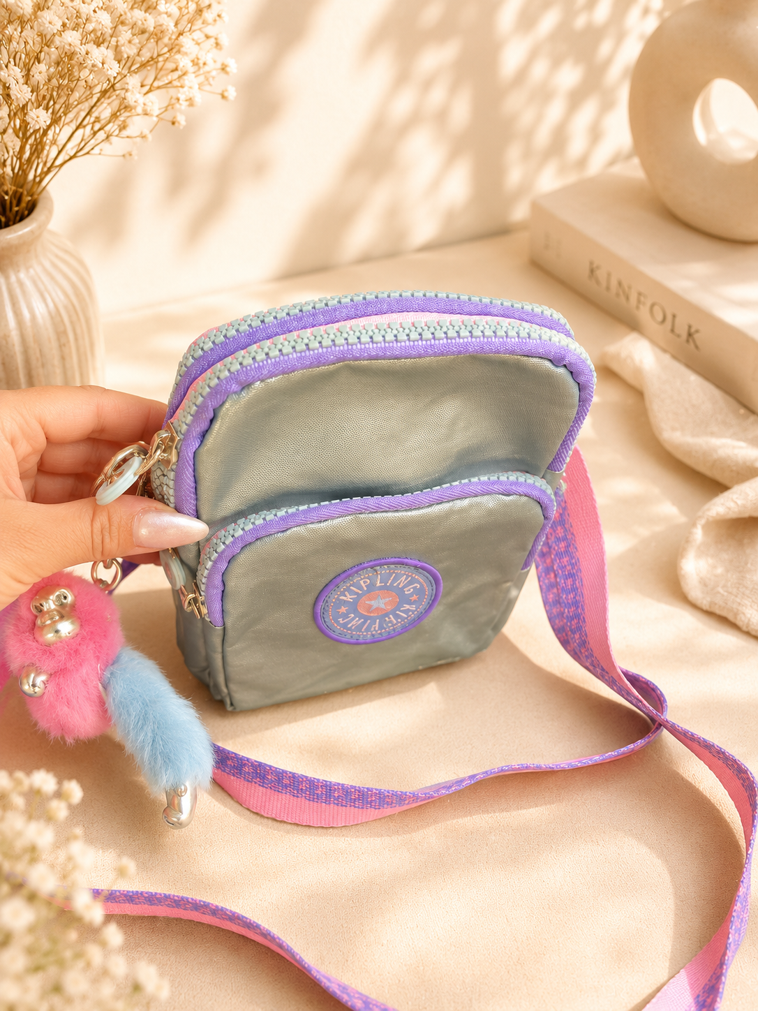 3-Zipper Crossbody Bag with Cute Monkey Charm – Pink & Lavender