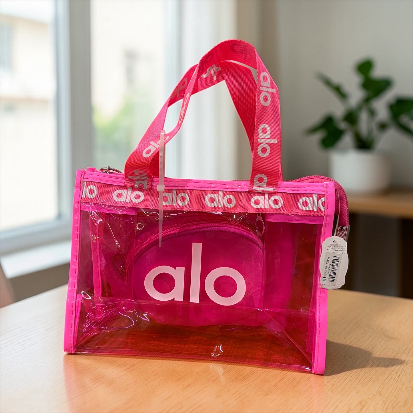 Alo Pink Transparent Tote Bag Set – Clear Handbag with 2 Mini Cosmetic Pouches