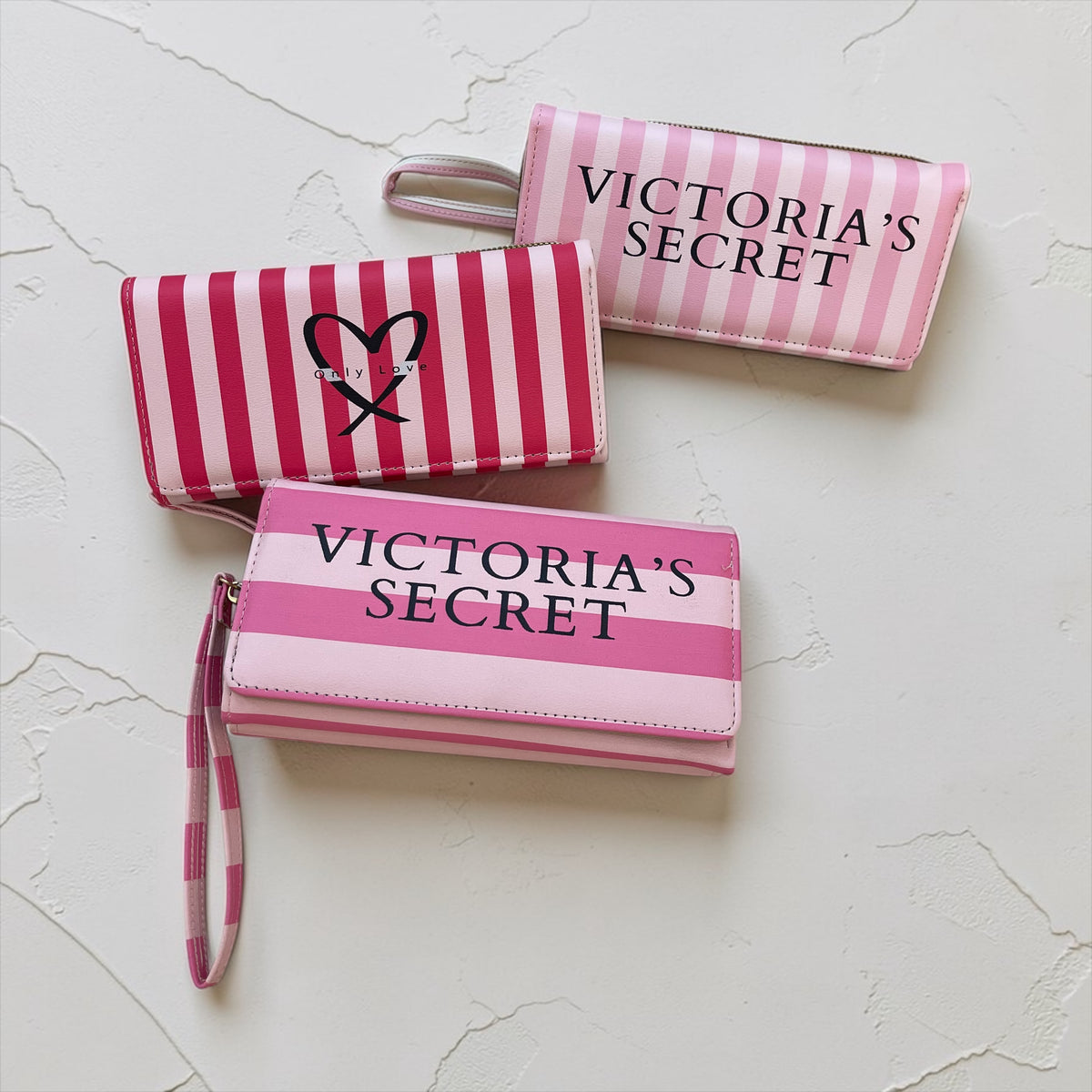 Victoria’s Secret Style Striped Long Wallet with Zipper & Wrist Strap